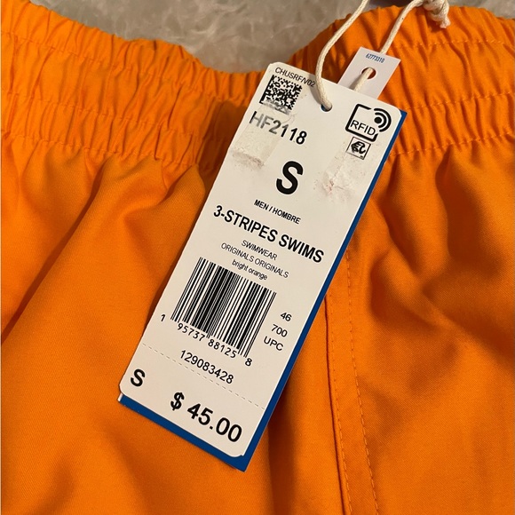 NWT Adidas Three Stripe Swim Trunks Shorts Orange Men Size S Trefoil Originals - Picture 4 of 14